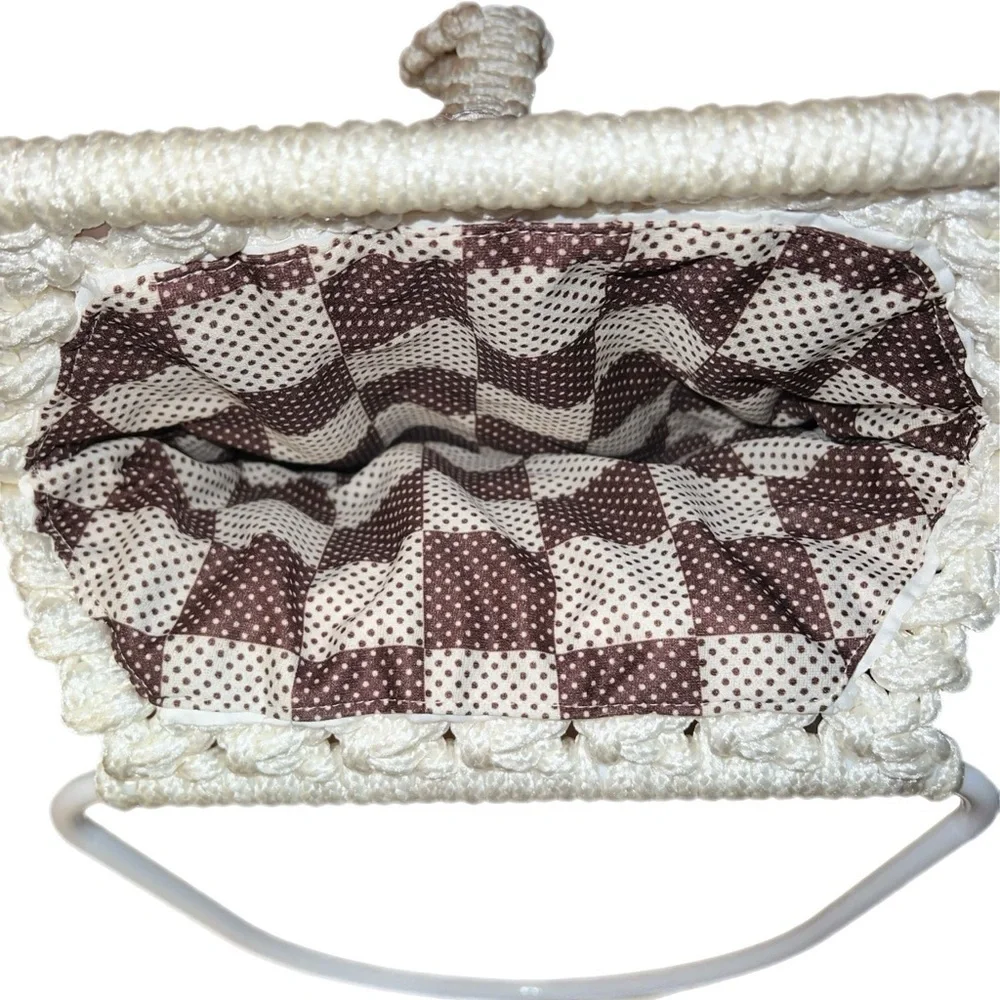 Vintage - Handmade‎ Macramé Handbag - White Handles - Boho Hippie